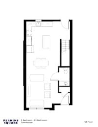 A floor plan of a 3 bedroom, 2.5 bathroom townhouse on the first floor.