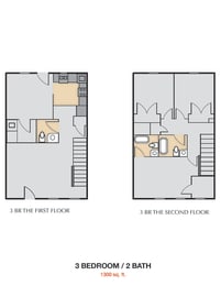 Floorplan for a 3 bedroom 3 bath townhouse at Cedars at Carver Park