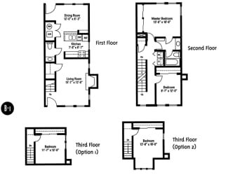 3 Bedroom 2 Bath 2D Floorplan B1, Crawford Square Apartments, Pittsburgh, PA