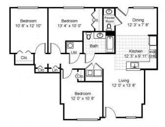 Tremont Pointe Apartments floor plan for a three bedroom one bathroom garden apartment