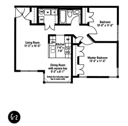 2 Bedroom 1 Bath G2 Style 2D Floorplan, Crawford Square Apartments, Pittsburgh, PA