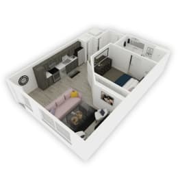 Emerald Floor Plan – a modern one-bedroom apartment with an open living room and kitchen, private bedroom, and bathroom connected by a small hall