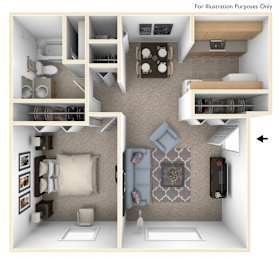 a stylized floor plan with a bedroom and living room