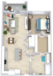 1 bedroom 1 bath Hartman floorplan. l-shaped kitchen with island overlooking dining/living area. laundry closet off of dining area. bathroom with dual access. large walk-in closet. balcony or patio access off of living room.