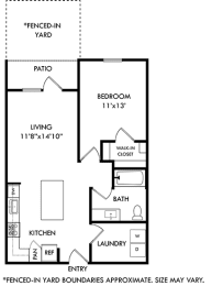 the 1 bedroom 1 bath barkley floorplan. entry opens into kitchen area with l-shaped kitchen and island. overlooking living area and entrance to patio with fenced-in yard. bedroom has walk in closet. full size washer/dryer in laundry room. bathroom has garden style tub.