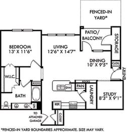 Lantana with Attached Garage. 1 bedroom apartment + study room. Kitchen with bartop open to living/dinning rooms. 1 full bathroom, double vanity. Walk-in closet. Patio/balcony. Fenced-in Yard.
