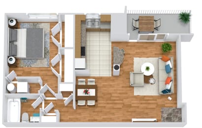 1 bedroom 1 bath 3d  floorplan entry opens to living room. L shaped kitchen with island overlooking living room. bedroom with 2 closets, stackable washer dryer in bedroom. Patio or balcony.