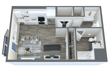 a 3d floor plan of a house with a bedroom and a living room