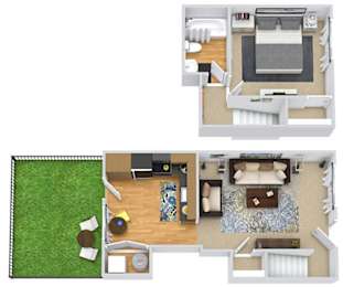 A floor plan of a house with a living room, kitchen, and bathroom.
