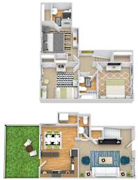 A floor plan of a house with two bedrooms, a living room, a kitchen, and a bathroom.
