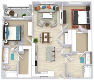 2 bedroom 2 bath Stone Cave floorplan. entry into l-shaped kitchen with island overlooking dining and living area. bedrooms on opposite sides of floorplan. secondary bathroom has dual guest access. Large walk-in closets for each bedroom. Balcony/patio access off of primary bedroom