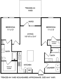 the 2 bedroom 2 bath hickory with fenced-in yard floorplan. entrance opens to l-shaped kitchen with island that overlooks the living area and entrance to patio with fenced-in yard. bedrooms on either side of the floorplan. Walk-in closets in each bedroom. guest access to secondary bathroom off of living area.
