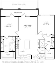 A black and white image of a house floor plan with a patio and optional fenced-in yard.