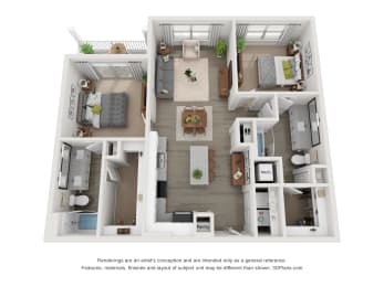 2 bedroom 2 bath Priestly floorplan. entry into l-shaped kitchen with island overlooking dining and living area. bedrooms on opposite sides of floorplan. secondary bathroom has dual guest access. Large walk-in closets for each bedroom. Balcony/patio access off of primary bedroom and living room area.