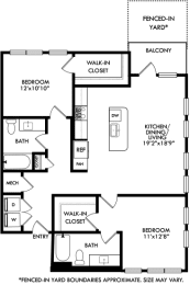 2 bedroom 2 bath floorplan. entrance opens to full size washer/dryer closet. round the corner to the kitchen with island that overlooks the dining and living area. One bedroom off of living area with walk-in closet and bath. guest bedroom down the hall behind the kitchen area. hall also leads to guest bath. Patio access from living room. with fenced-in yard.