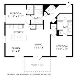 A black and white image of a house floor plan with a fenced-in yard.
