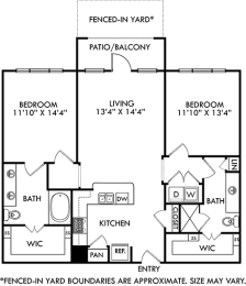 The Balboa  2 bedroom floorplan with fenced-in yard. Entry opens to Kitchen with Peninsula island overlooking living room. 1 bath with double vanity. other bath with shower. Walk in closets. washer/dryer.