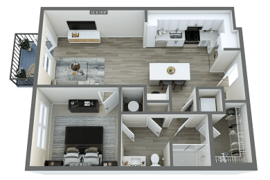 a 3d rendering of a floor plan with a bedroom and a living room