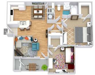 A top-down view of a house layout with a kitchen, living room, and bedrooms.