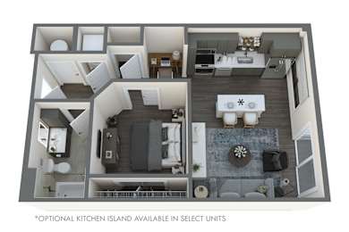 A 3D floor plan of a small apartment with an optional kitchen island.