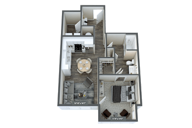 A 3D floor plan of a house with a living room, kitchen, dining room, and two bedrooms.