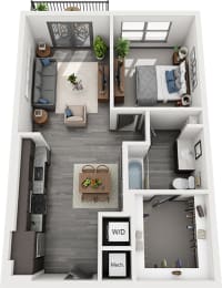 3d 1 bedroom floorplan with entrance open to kitchen and dining area, overlooking living space. W/D located off of kitchen.bedroom. bathroom accessible from hall, leading to walk-in closet.