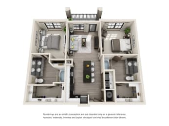 The Ranger 3D. 2 bedroom apartment. Kitchen with island open to living room. 2 full bathrooms, double vanity in master. Walk-in closets. Patio/balcony.
