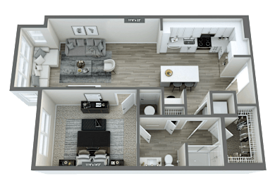 A 3D floor plan of a house with two living rooms, one with a fireplace, and a kitchen area.