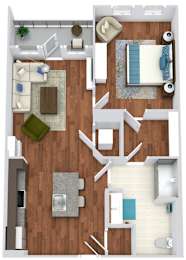 A top-down view of a living room with a couch, coffee table, and a dining area.