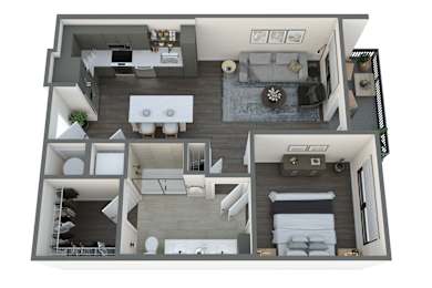 a 3d floor plan of a studio apartment with a bedroom and living room