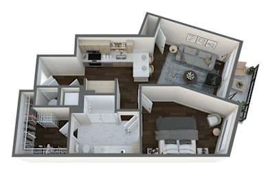 a 3d floor plan of a house with a bedroom and a living room