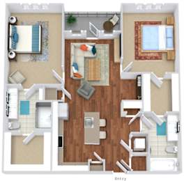 A floor plan of a house with a living room, kitchen, and two bedrooms.