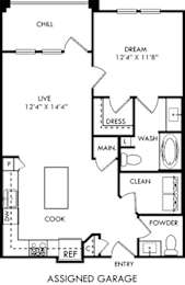 A floor plan of an assigned garage with a chill, live, and powder room.