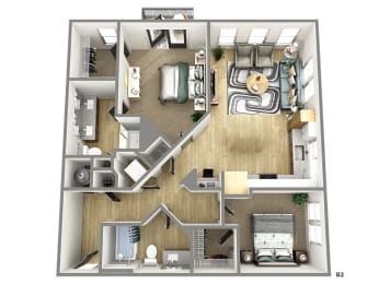 a 3d floor plan with a bedroom and a living room
