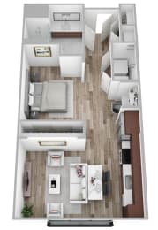 a 3d floor plan of a bedroom with a bathroom and a living room