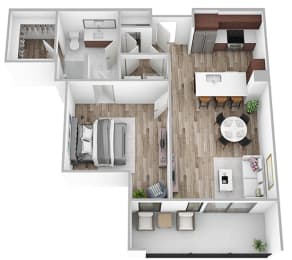 a stylized floor plan with a bedroom and a living room