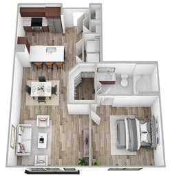 a 3d rendering of a floor plan with a bedroom and a living room