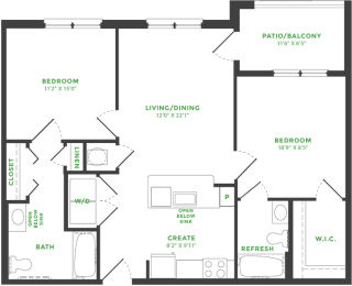 2 bedroom 2 bath floorplan. kitchen with island peninsula overlooking dining/living area. Open storage area below Kitchen and 1 Bathroom sink. private baths and closets. Full size washer/dryer. patio/balcony