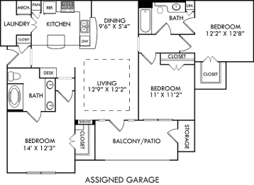a floor plan of a house with bedrooms and baths and a garage