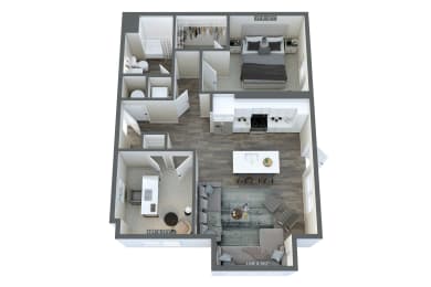 a 3d floor plan with a bedroom and living room