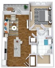 a bedroom floor plan with a bathroom and a living room