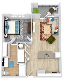 A floor plan of a small apartment with a bedroom, living room, and bathroom.