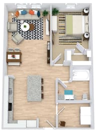 the 1 bedroom 1 bath Douglas foorplan. entry opens into kitchen area with l-shaped kitchen and island. overlooking living area and entrance to bedroom has walk in closet. full size washer/dryer in laundry room. bathroom has garden style tub.