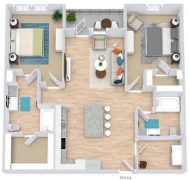 the 2 bedroom 2 bath hickory floorplan. entrance opens to l-shaped kitchen with island that overlooks the living area and entrance to patio/balcony. bedrooms on either side of the floorplan. Walk-in closets in each bedroom. guest access to secondary bathroom off of living area.