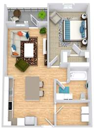 A top-down view of a living room, kitchen, and bathroom.