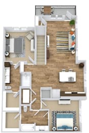 2 bedroom second floor apartment. stairwell entrance opens into kitchen with island and pantry. over looks the living room area. full size washer/dryer in closet off of the kitchen, next to guest access to bathroom. bathroom connects to bedroom and large walk-in closet. 2nd bedroom with private bath and dual sink vanity. Standalone shower. bath connects to large walk-in closet.