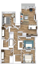 3 bedroom 1st floor apartment. patio entrance opens into living room area. kitchen with peninsula island overlooks living area. front bedroom is master with private bath with dual sink vanity, standalone shower and walk-in closet. hallway off of kitchen leads to full size washer/dryer closet. and  2 other bedrooms with walk-in closets. 2nd shared bath with linen closet.