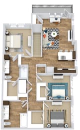 3 bedroom 2nd floor apartment. stairwell entrance opens into kitchen with peninsula island overlooks living area. front bedroom is master with private bath with dual sink vanity, standalone shower and walk-in closet. hallway off of kitchen leads to full size washer/dryer closet. and  2 other bedrooms with walk-in closets. 2nd shared bath with linen closet. Large balcony off of living room