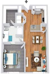 A top-down view of a small apartment with a living room, dining area, kitchen, and bathroom.