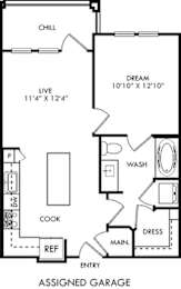 A floor plan of an assigned garage with a chill, live, cook, wash, and dress areas.